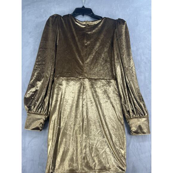 PatBO Metallic Velvet Mini Dress Size 10 Gold V Neck Womens Dress Empire Waist - Picture 7 of 14